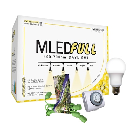 Miracle Led Nanometer Indoor Grow Light Kit- Full Spectrum 12W Replaces 150W 4-Socket Corded Fixture w/Timer 603532